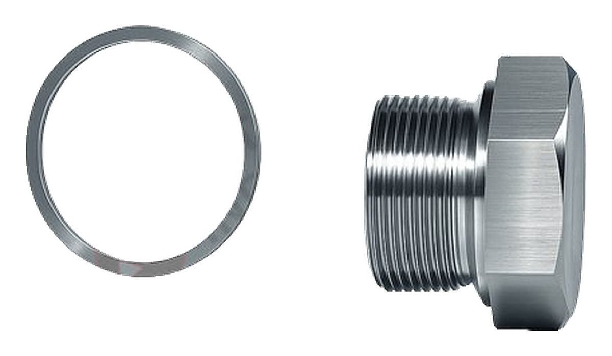 Header plug with gasket, side view
